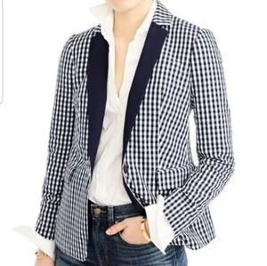 NWT J.Crew Puckered Gingham Navy White Blazer Size 0 Academia Preppy